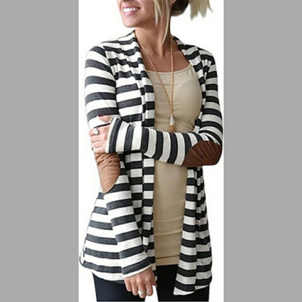 Grey & White Striped Cardigan with Suede Elbow Patches